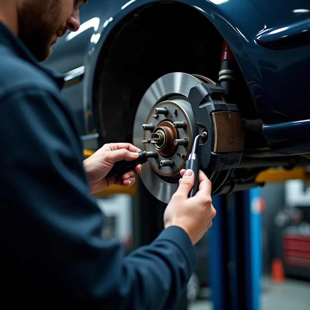 Mechanic inspecting car brakes in garage