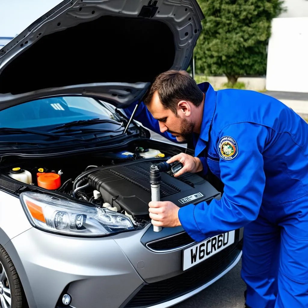 Mechanic inspecting car engine