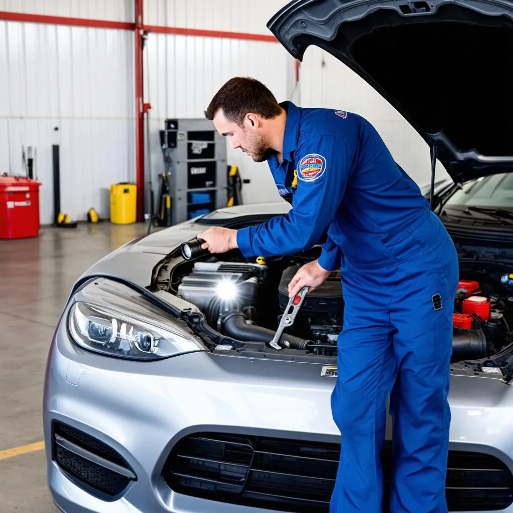 Mechanic inspecting car engine