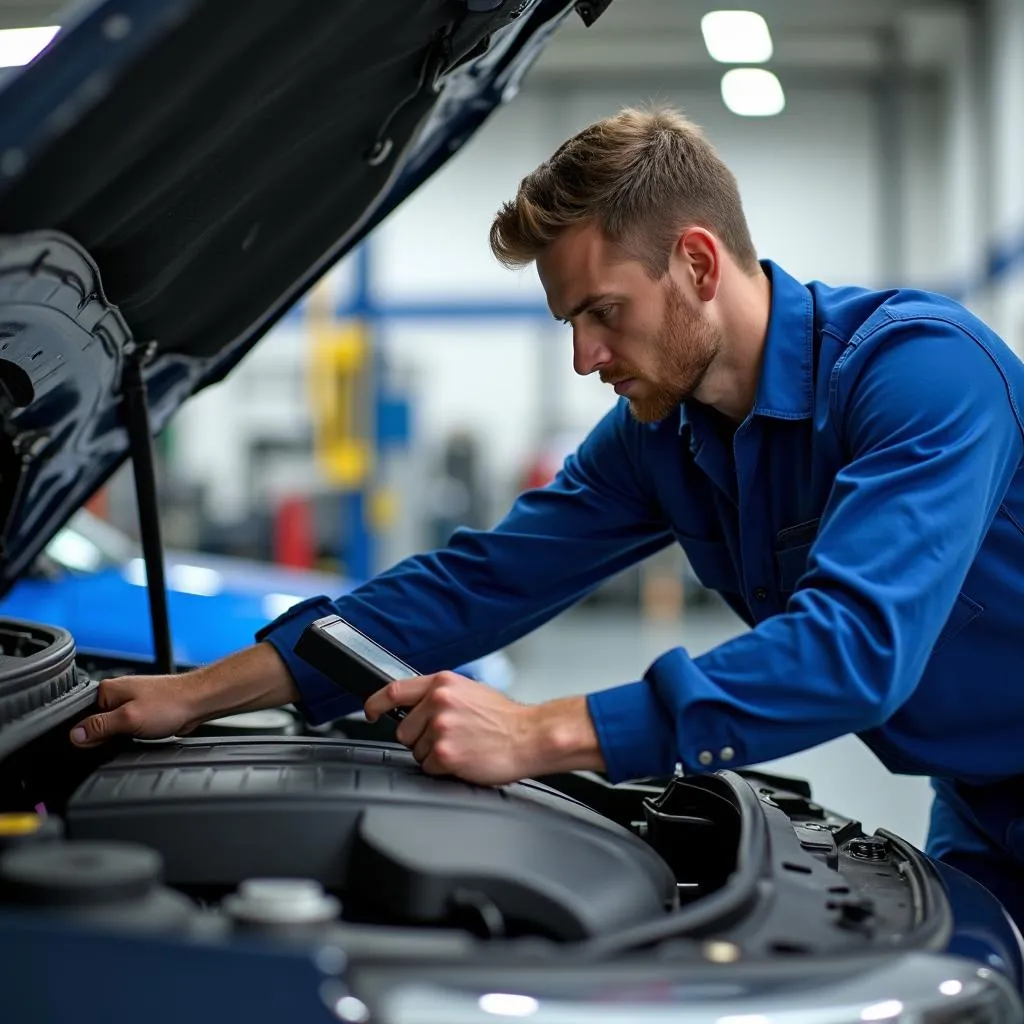 Mechanic Inspecting Car Engine