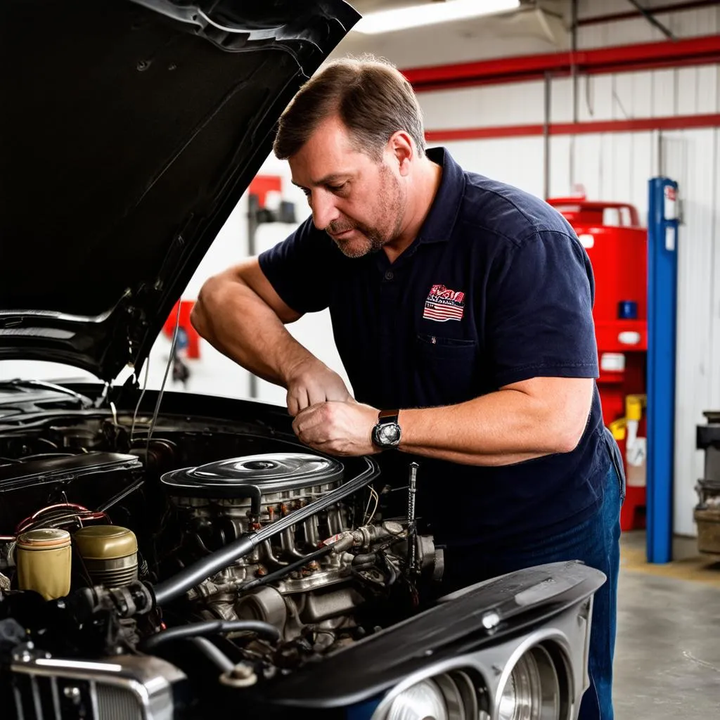 Mechanic Inspecting Car Engine in Frankfort Garage