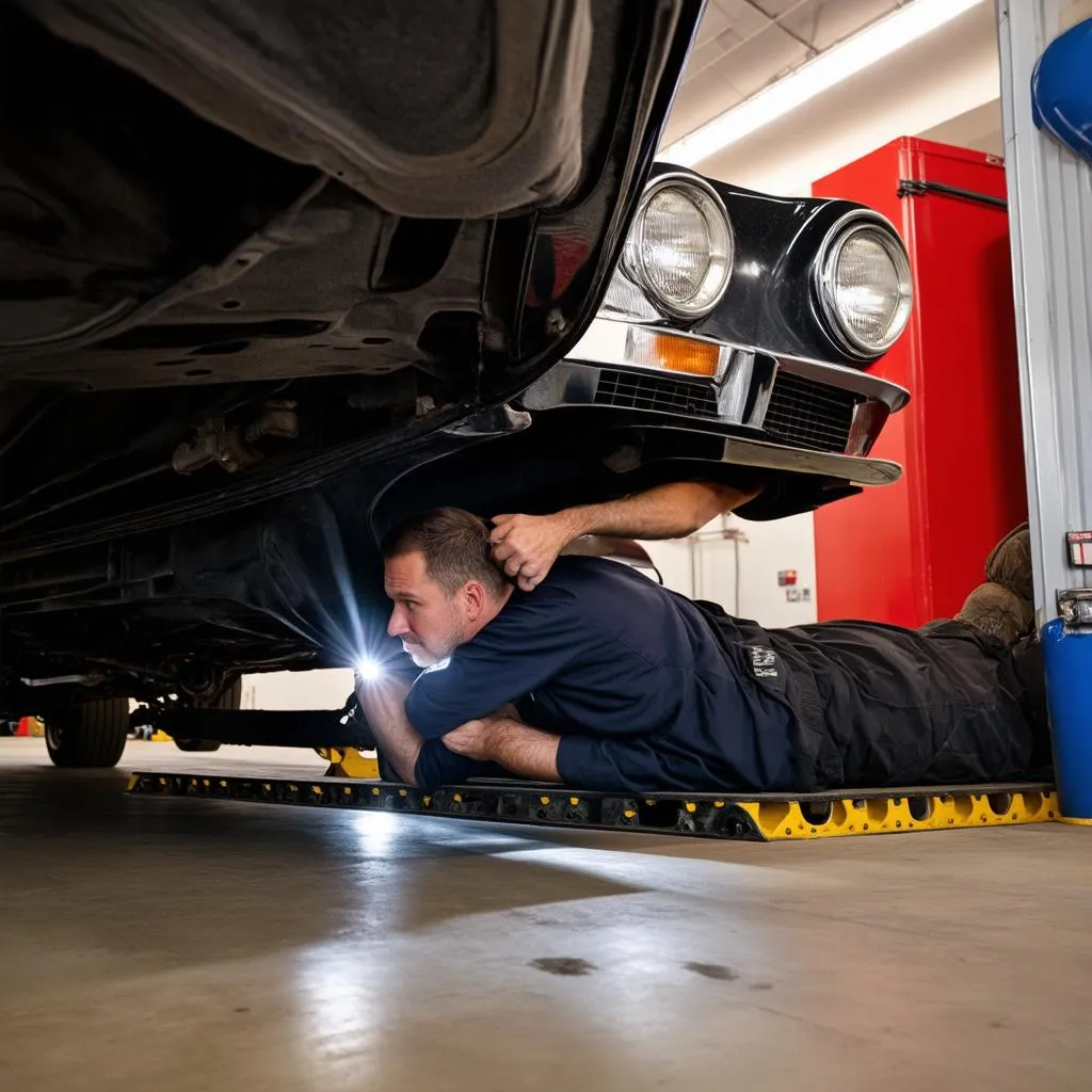 Mechanic Inspecting a Classic Car's Undercarriage