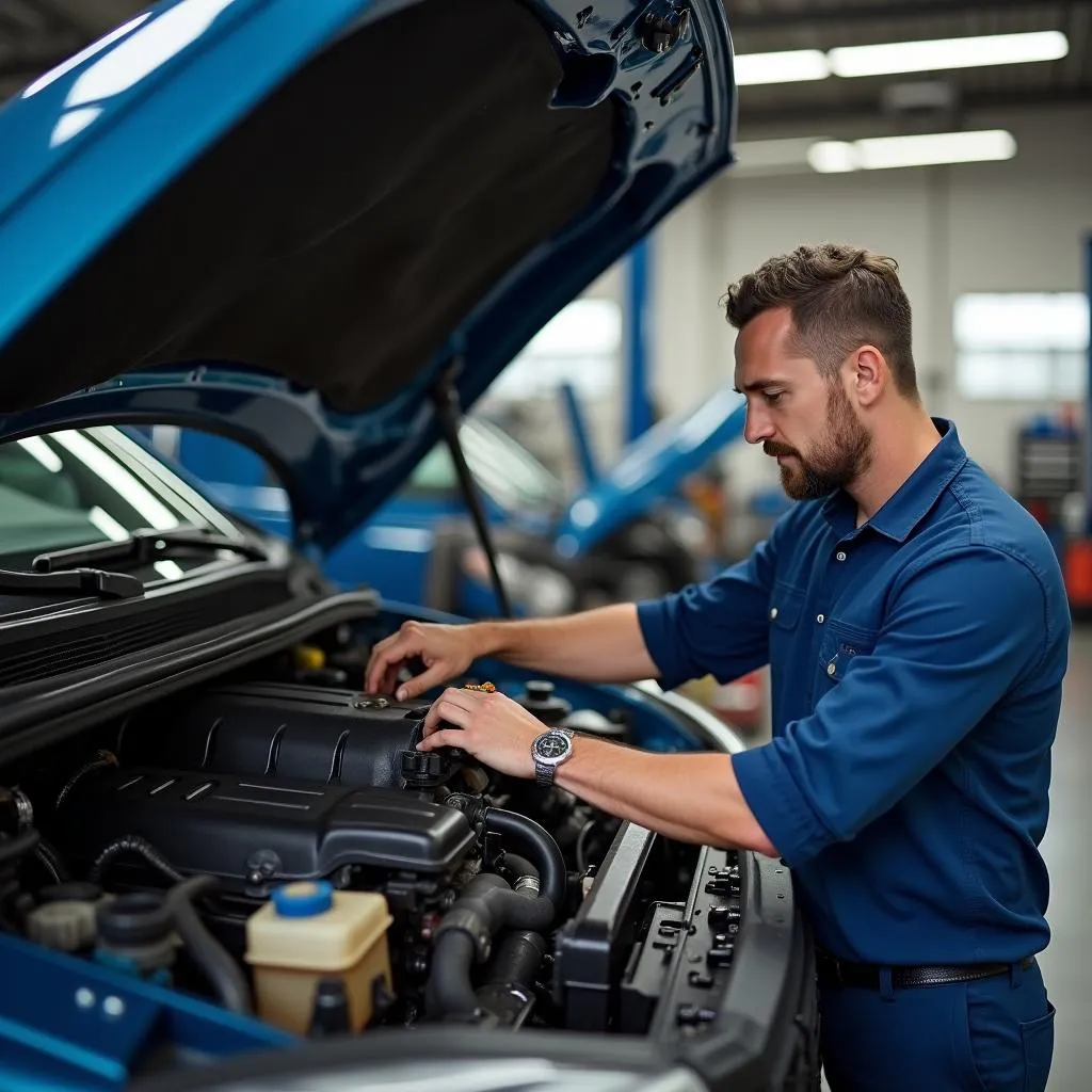 Mechanic inspecting a dually truck's engine