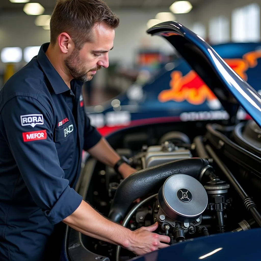 Mechanic Inspecting a Race Car Engine