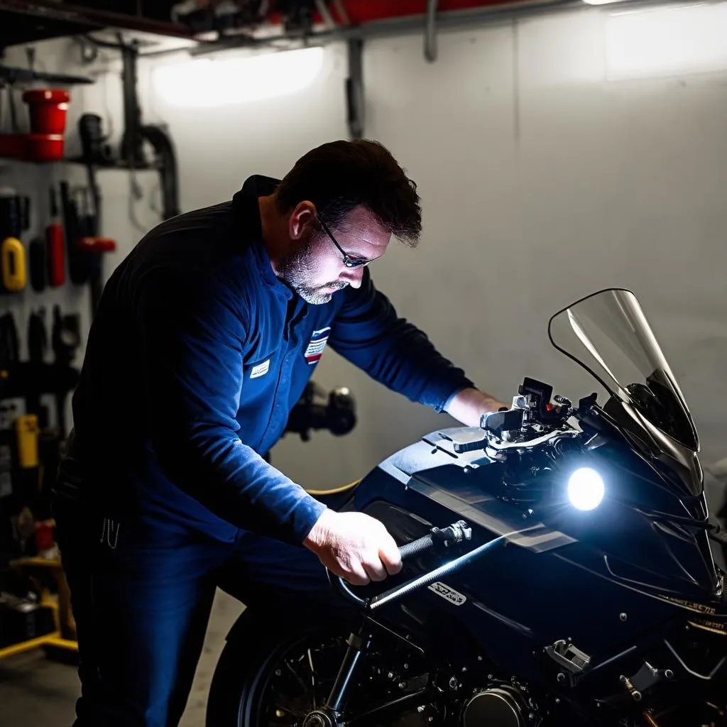 Mechanic inspecting a motorcycle engine