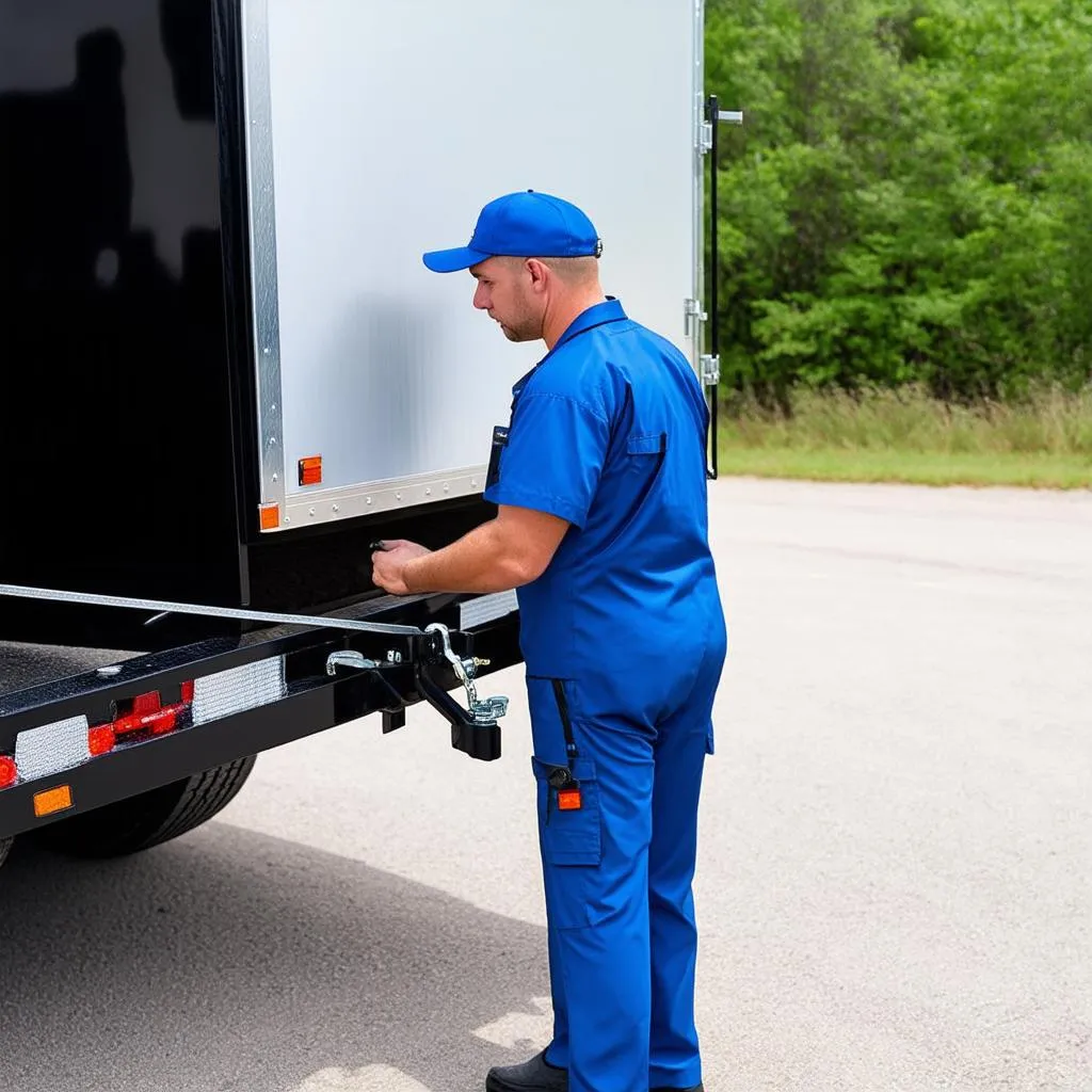 Mechanic inspecting trailer hitch