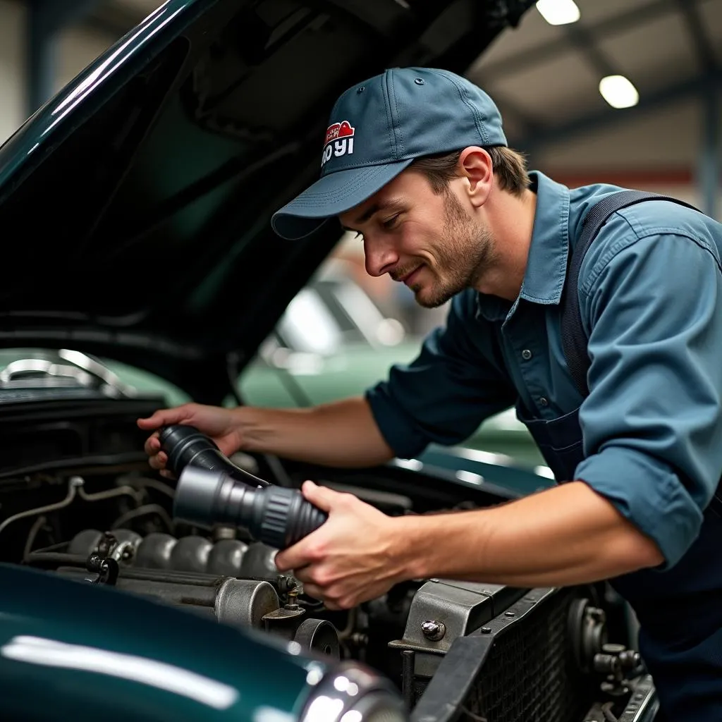 Mechanic Inspecting a YupYi Classic Car Engine