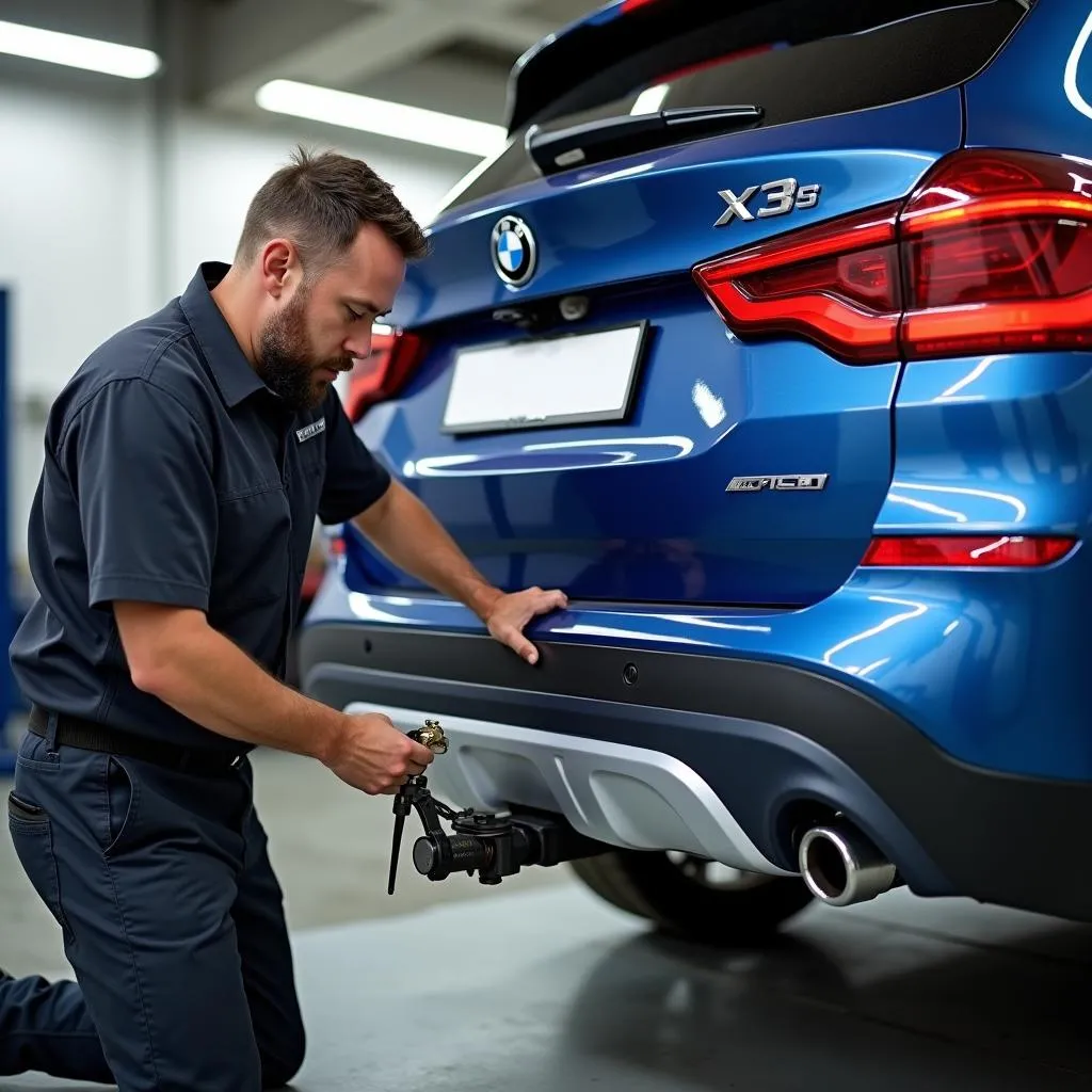 Mechanic installing a tow hitch