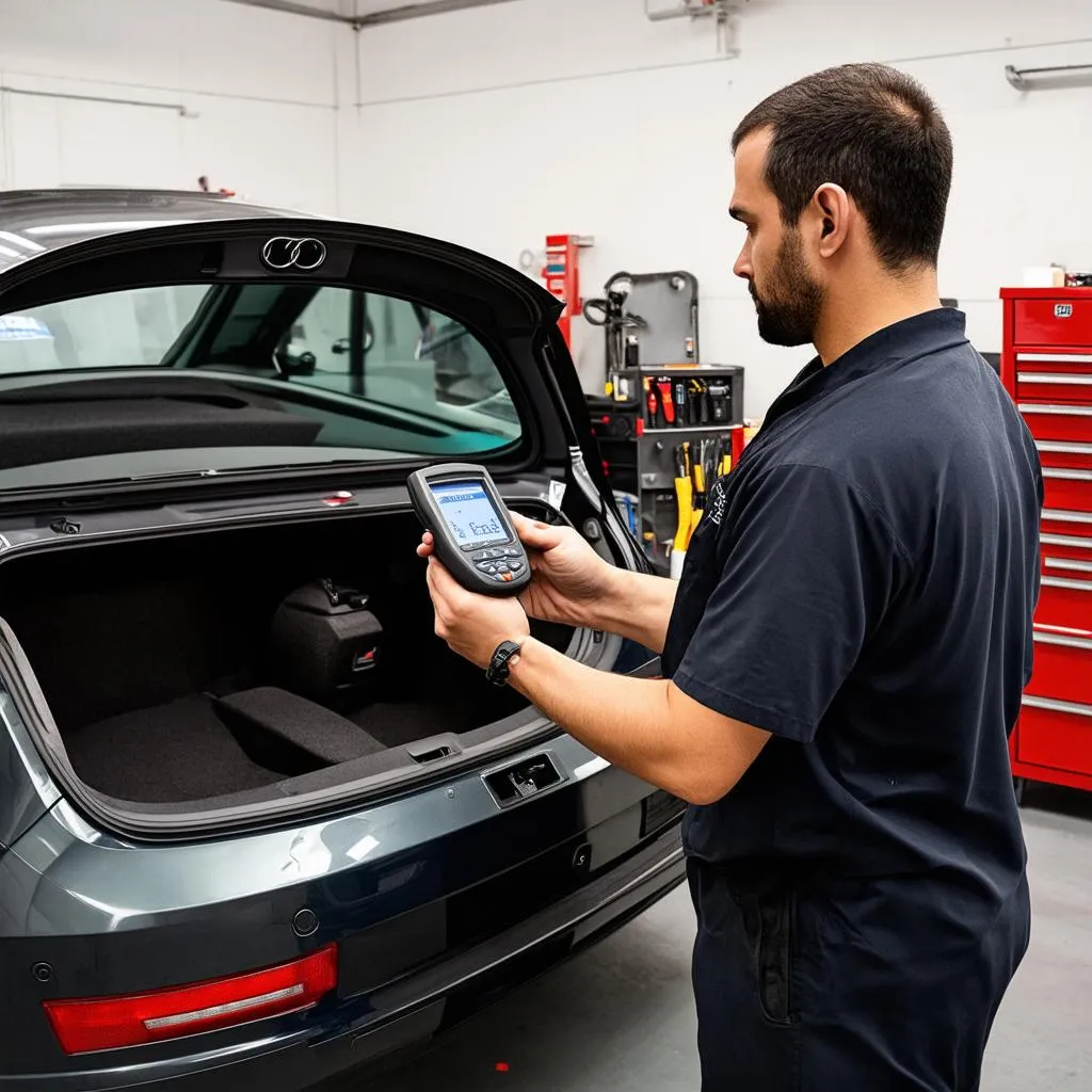 A mechanic uses a dealer-level scanner to diagnose a problem with a luxury European car.