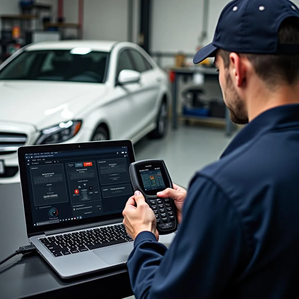 Mechanic Using Dealer Scanner on a European Car