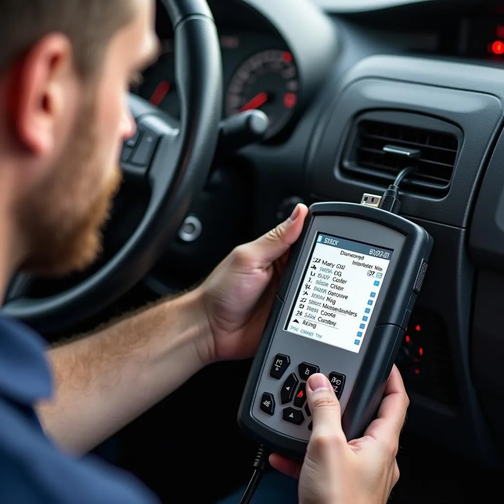 Mechanic Using Diagnostic Equipment During Car Inspection