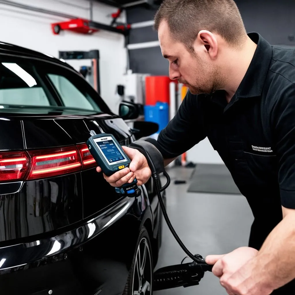 Mechanic Using Diagnostic Scanner on European Car