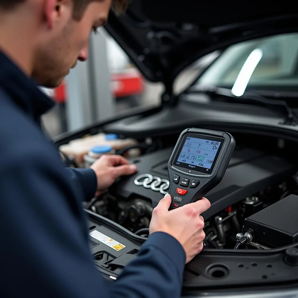 Mechanic Using Diagnostic Tool on Audi Engine