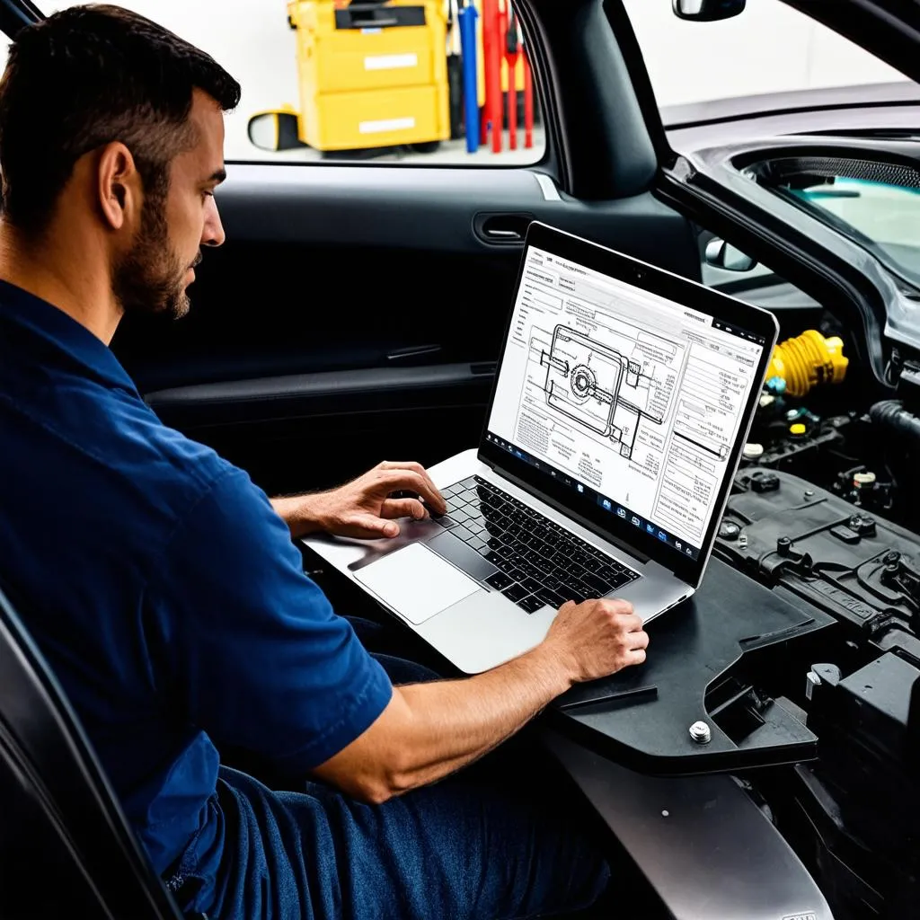 Mechanic using laptop in car