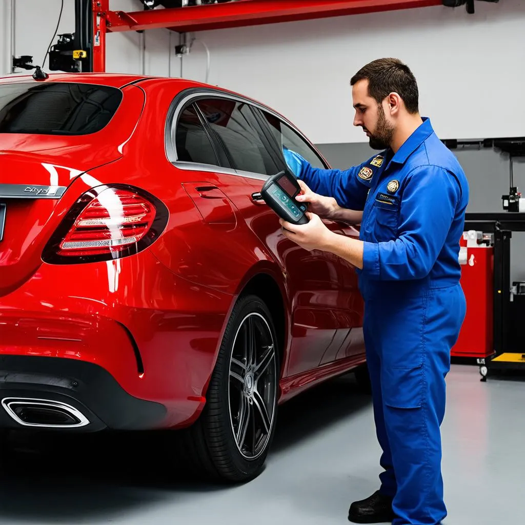 Mechanic Using Scanner on Car