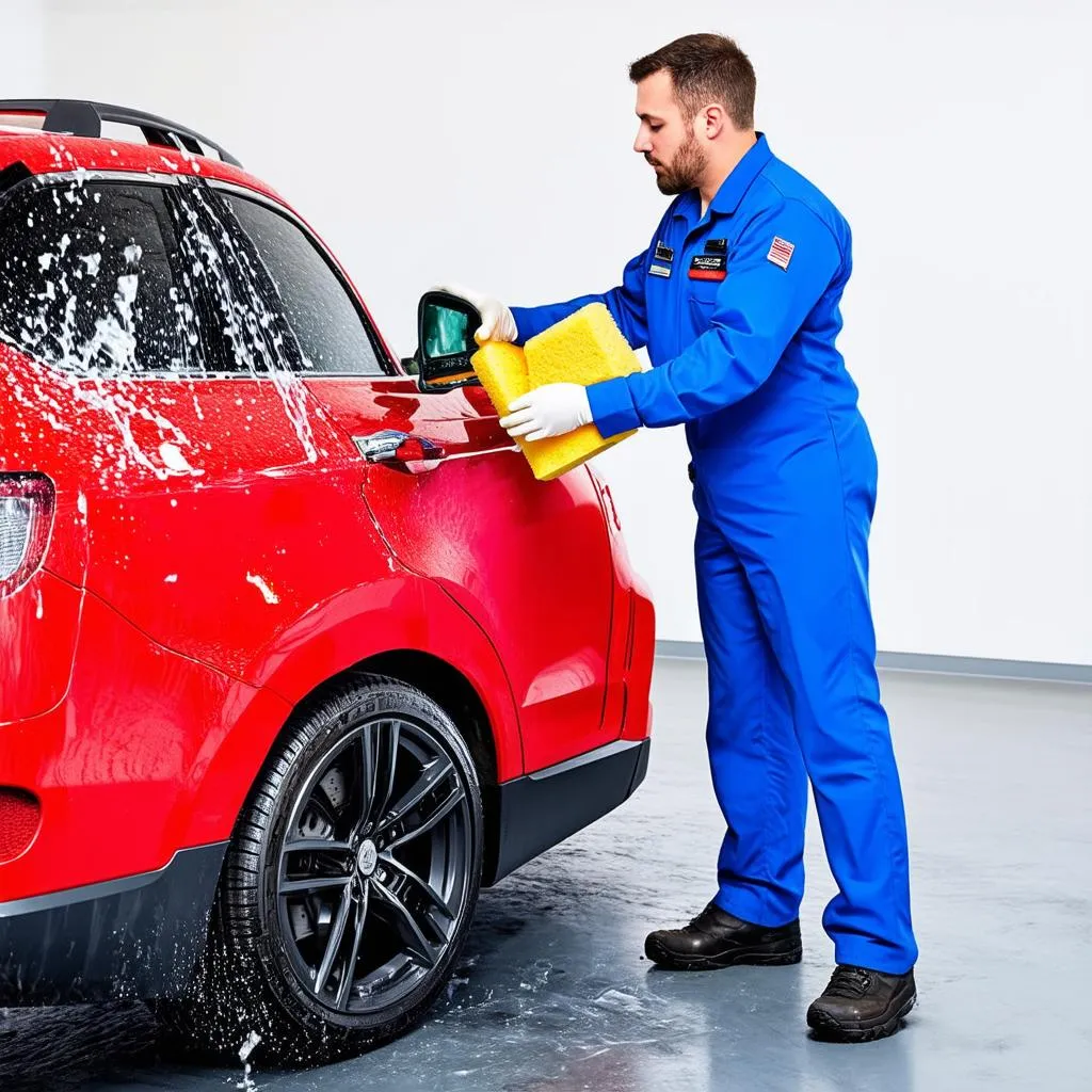 Mechanic washing a car