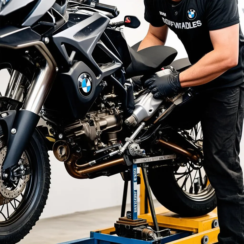 Mechanic working on BMW F650 Funduro engine