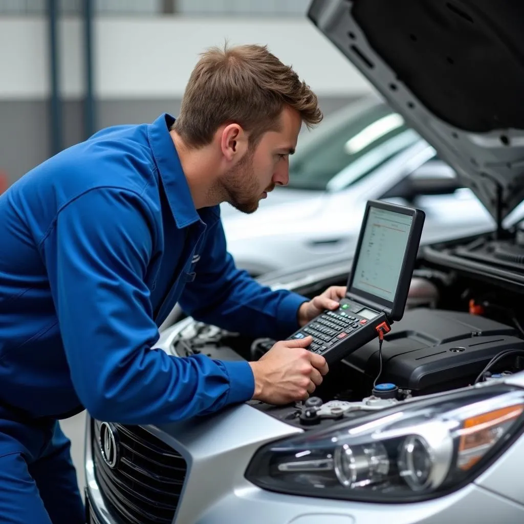 Mechanic using a laptop for car diagnostics