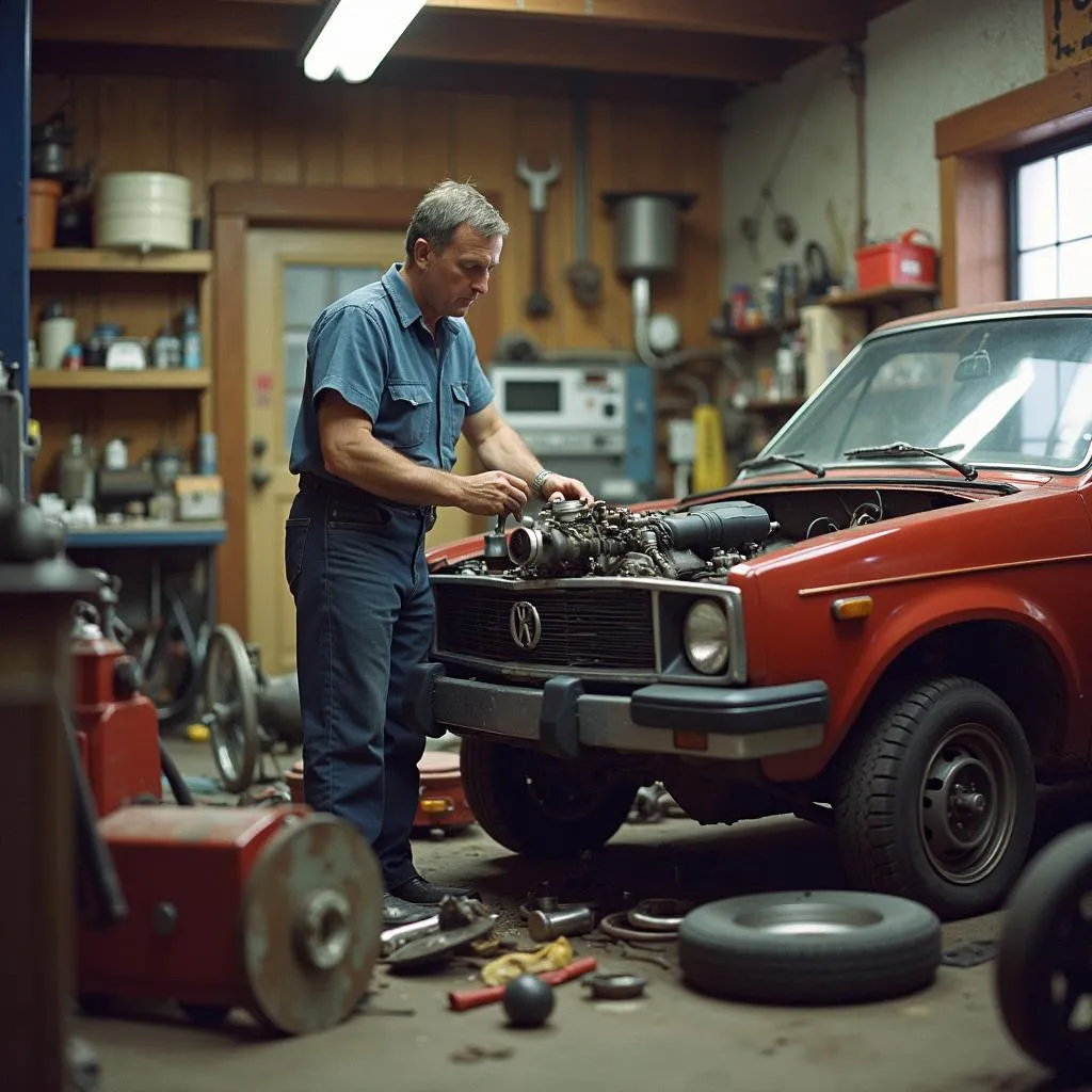 A mechanic working on a car engine in a 1980s garage