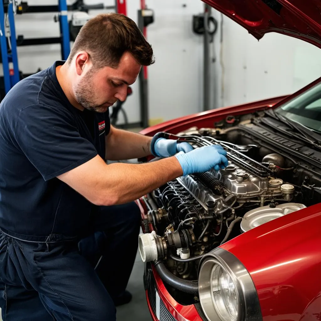 Mechanic Working on Car Engine in a Garage