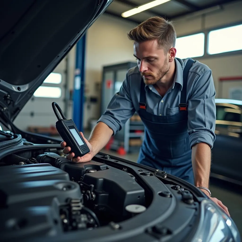 Mechanic Working on Car Engine with Diagnostic Tool