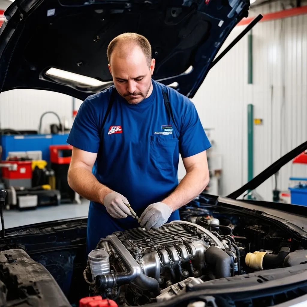 Mechanic Working on Engine