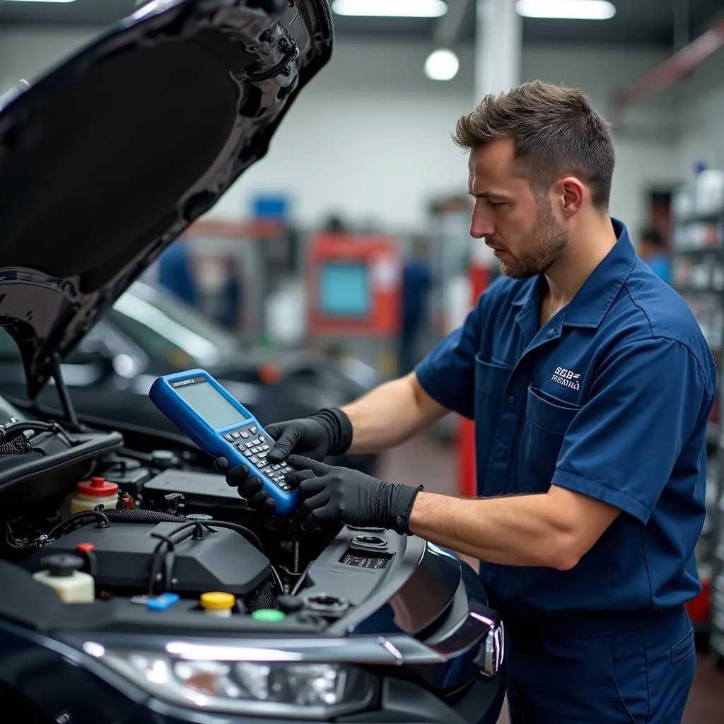 Mechanic Working on Honda Civic Hybrid Battery