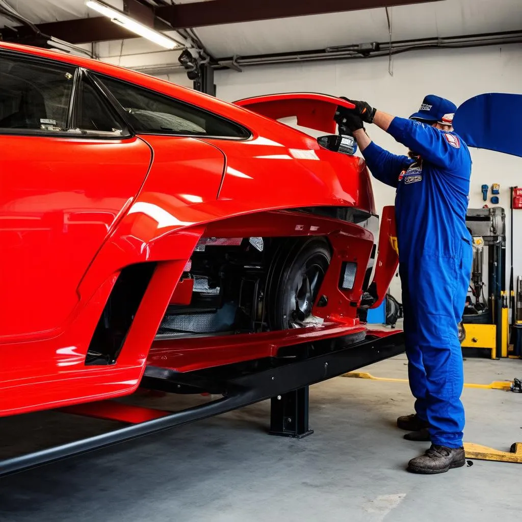 A mechanic is working on installing a wide body kit on a car in a professional garage.