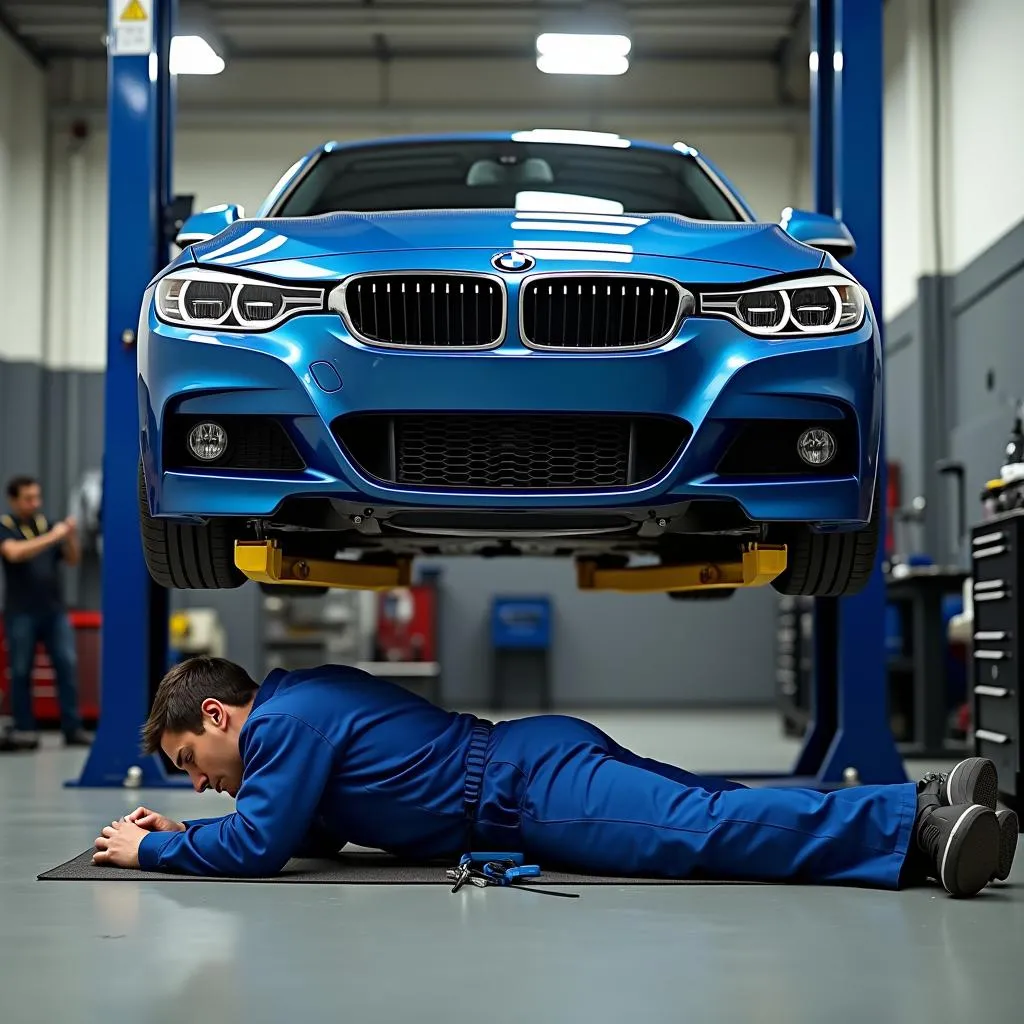 Mechanic working under a car on a movable lift