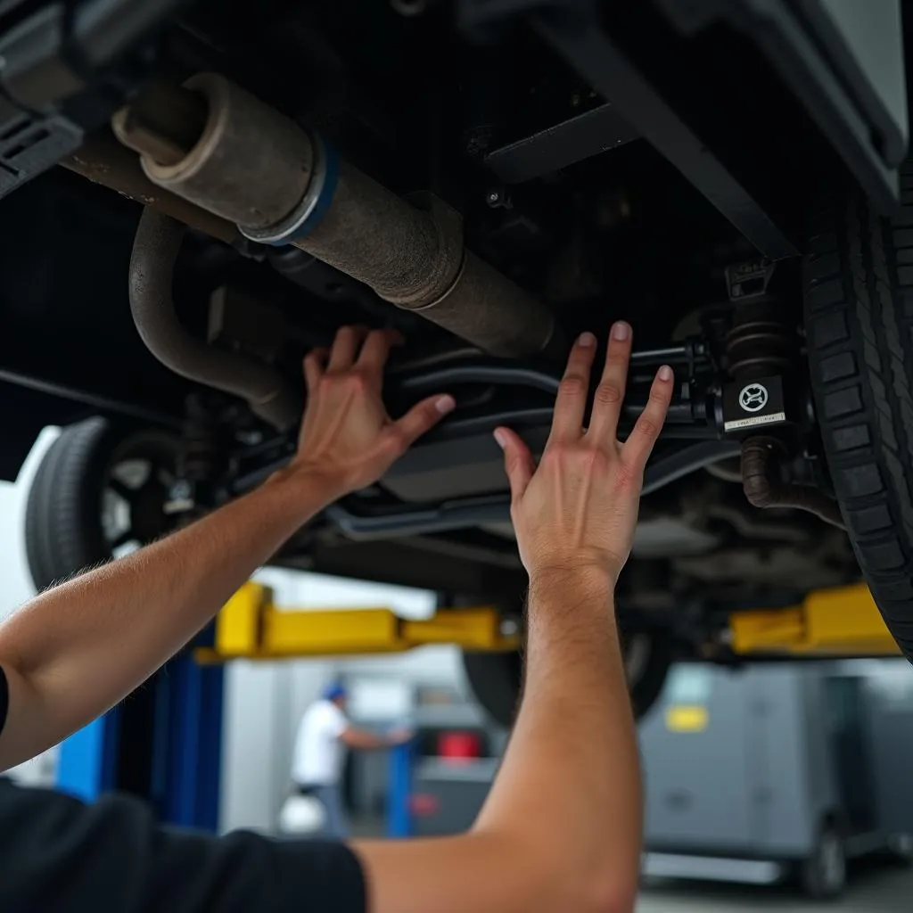 Mechanic Working Under Car on Scissor Lift