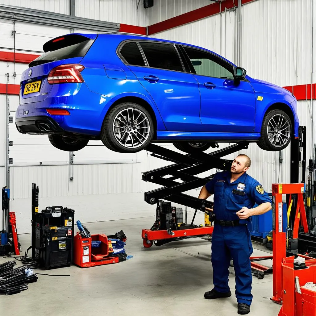 Mechanic Working Under Lifted Car