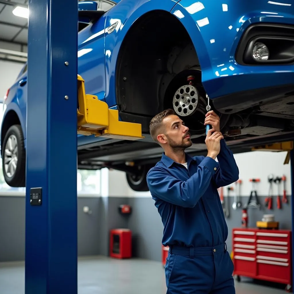 Mechanic Working Under a Lifted Car