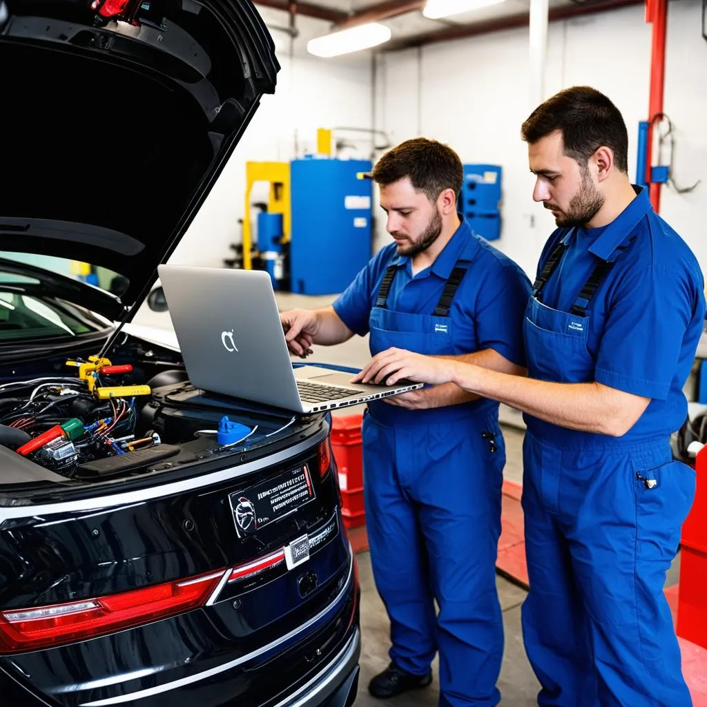 Mechanics Working on Car Electronics