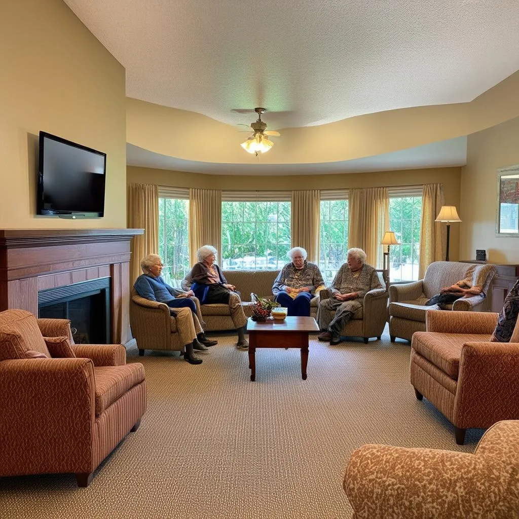 Spacious, well-lit common area in a memory care facility with comfortable seating and engaging activities.