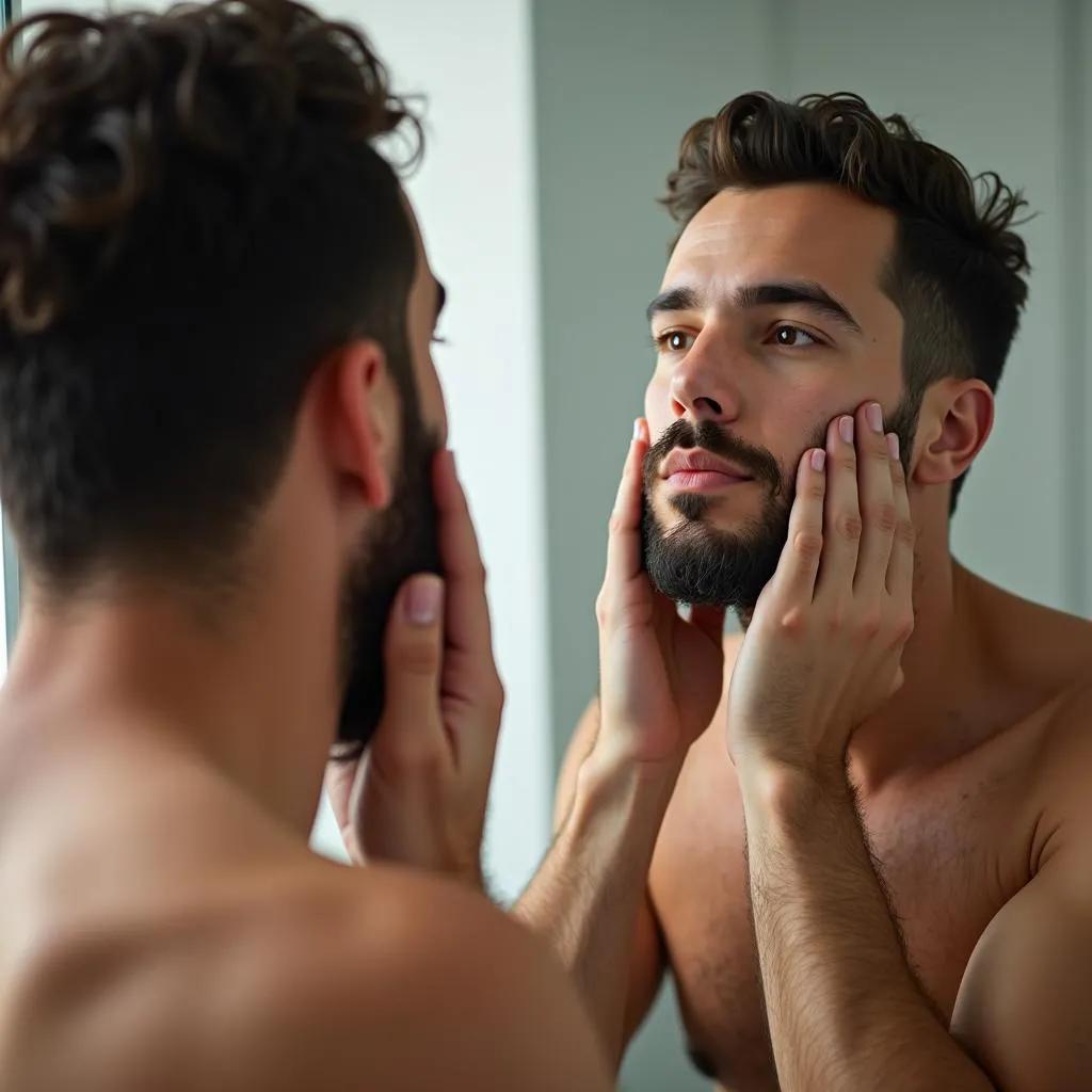 Men Examining Skin in Mirror