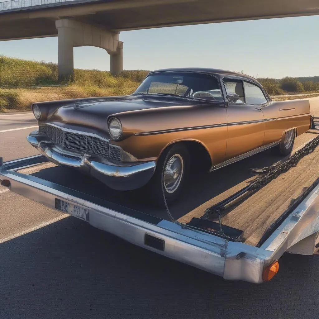 Classic car on metal trailer