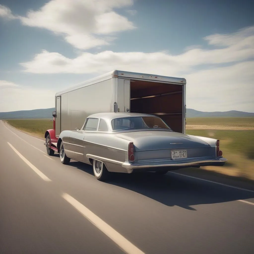 Metal car trailer on open road