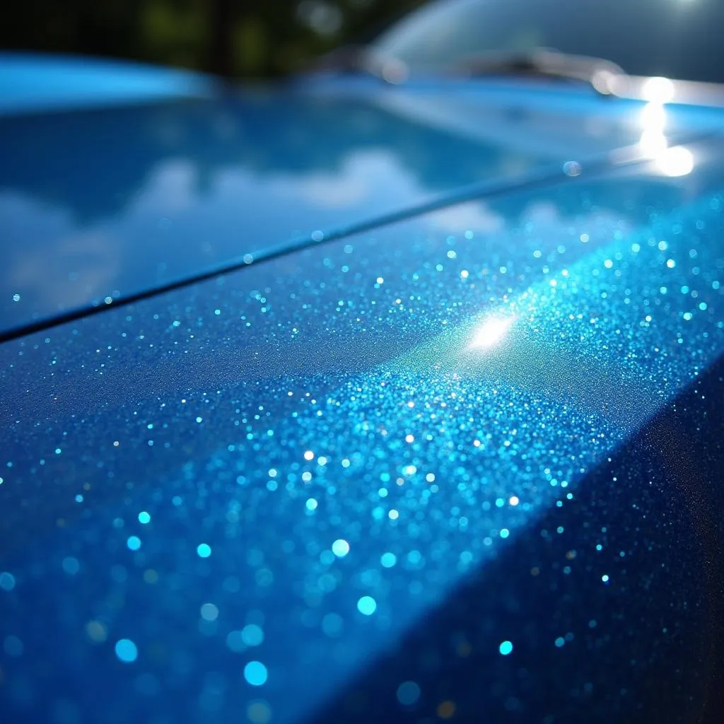 Metallic blue car paint reflecting sunlight