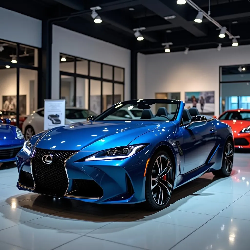 Metallic blue luxury car displayed in a showroom