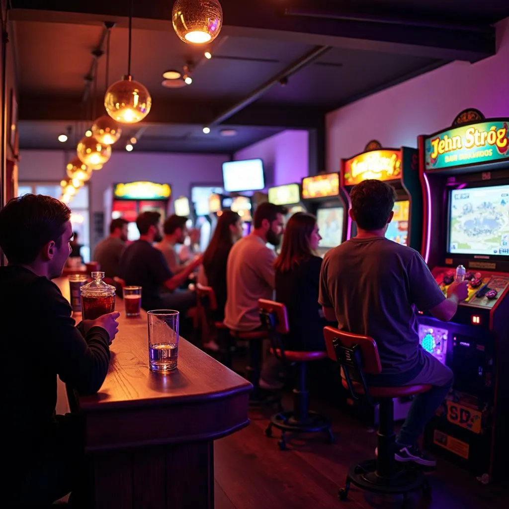 Modern barcade interior featuring car arcade games and groups of friends enjoying drinks and gameplay