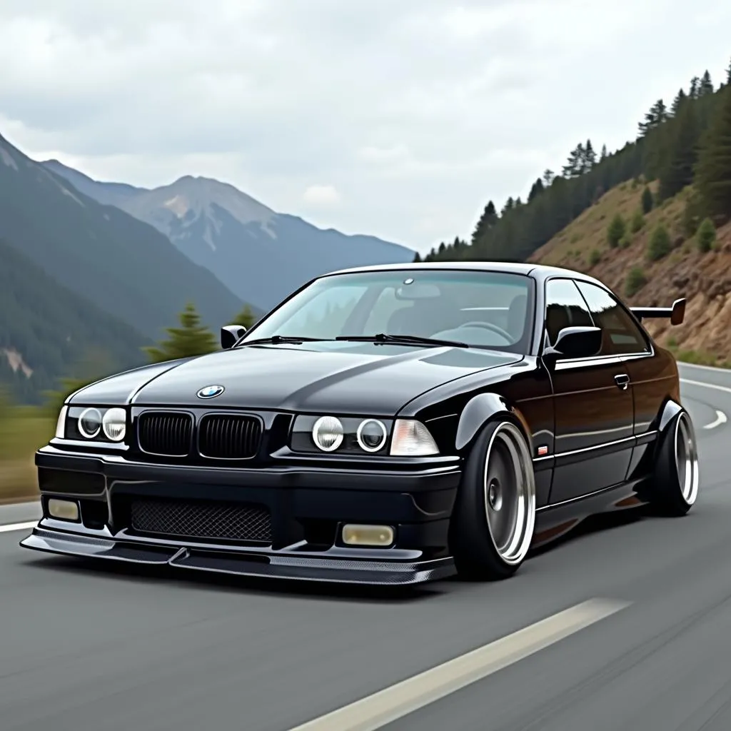 Modified BMW E36 driving on a mountain road