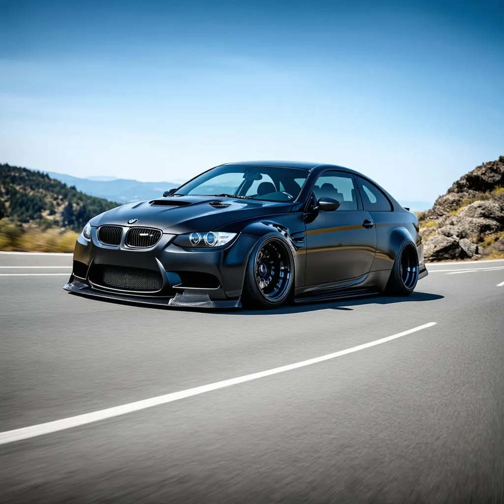 A modified BMW driving on a scenic mountain road.