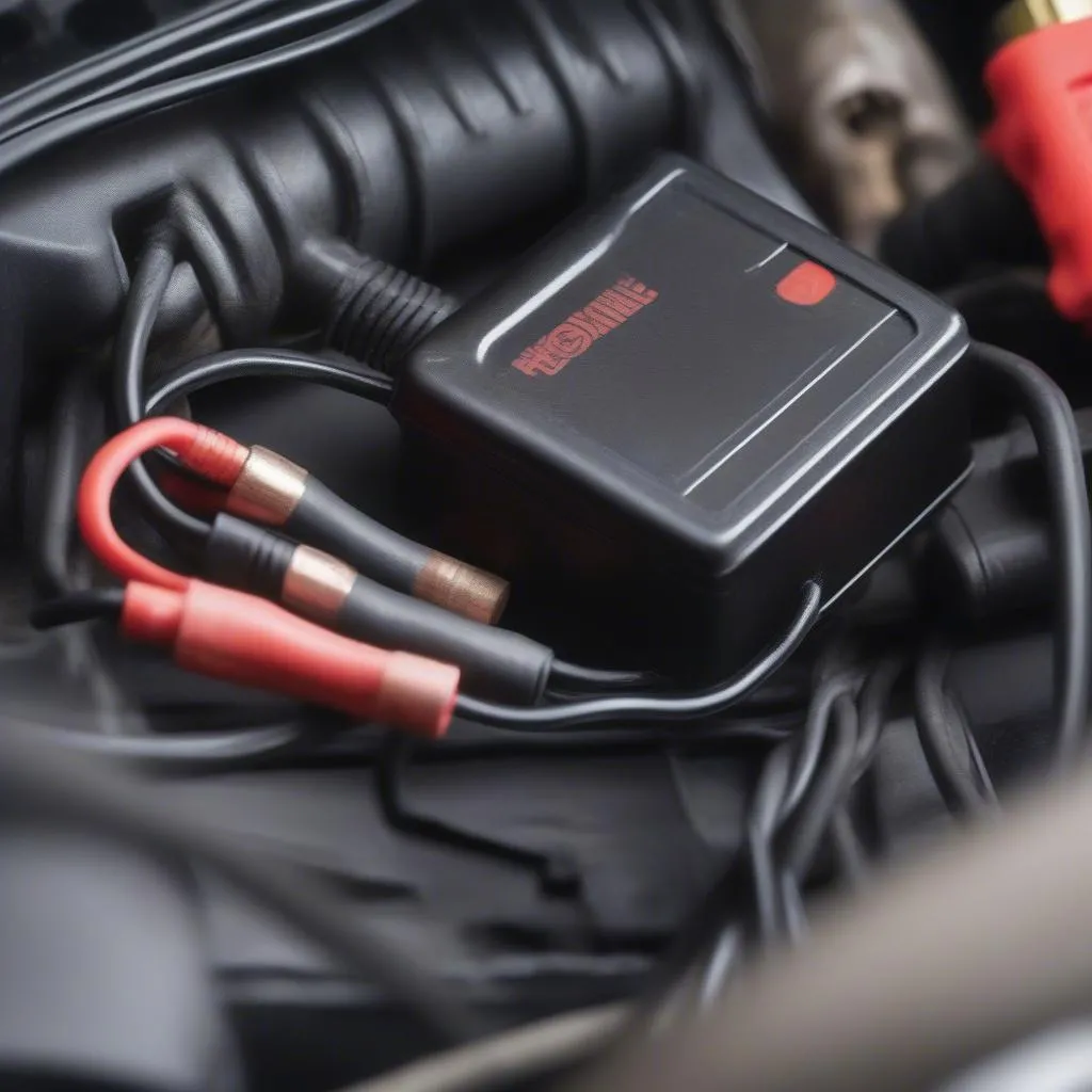 Motorcycle battery connected to car battery with jumper cables