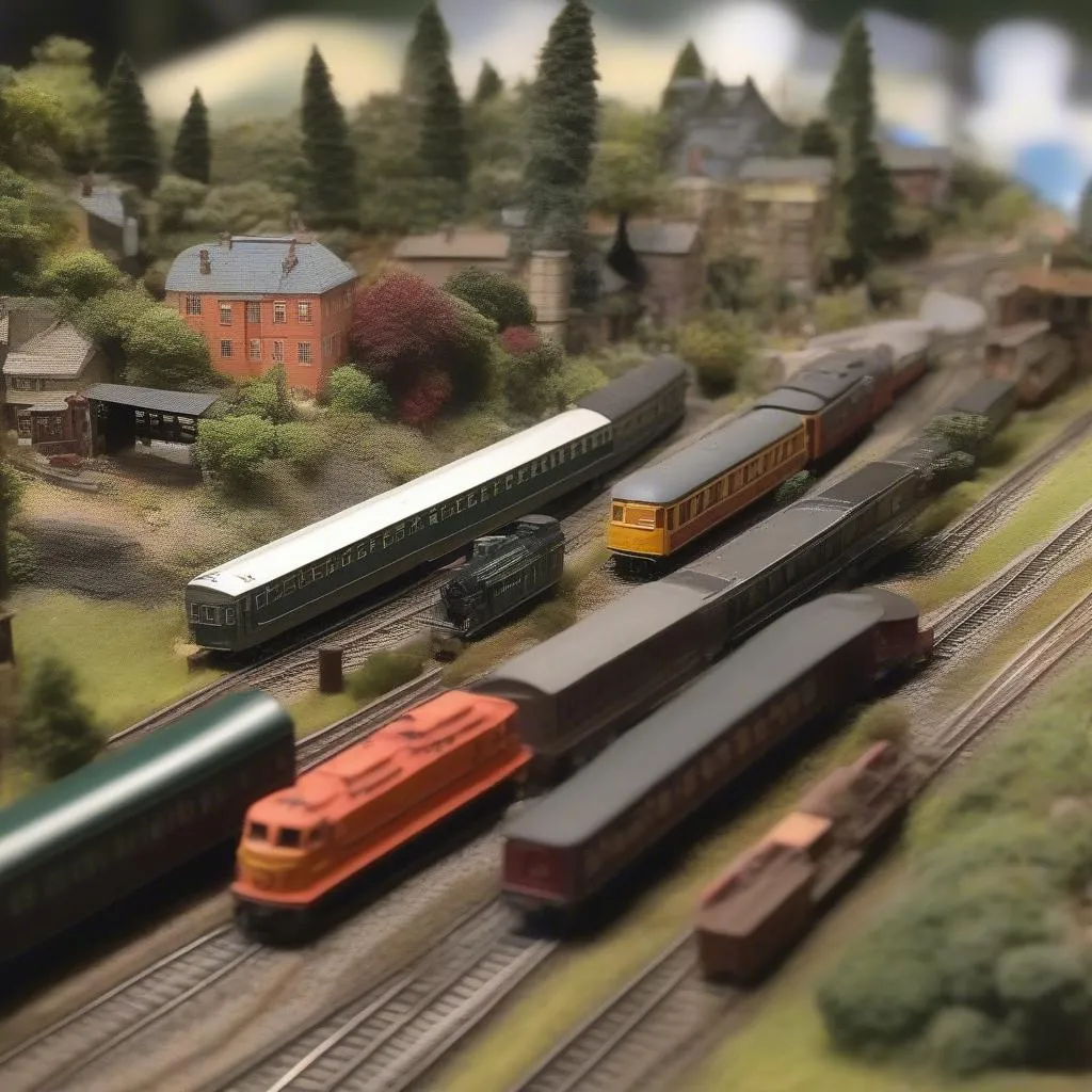 N Gauge Passenger Cars on a Detailed Model Railroad Layout