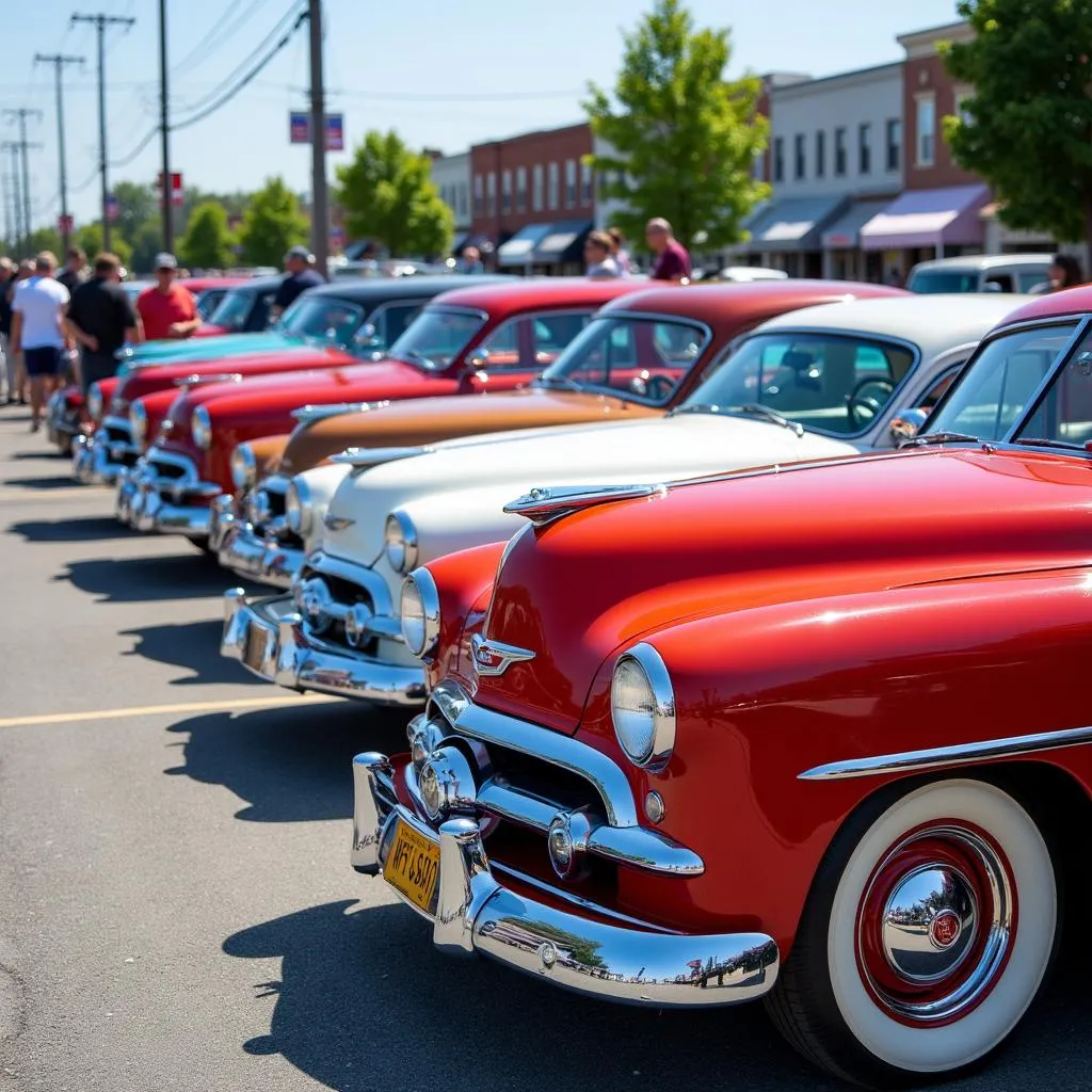 Classic cars lined up at the New Brighton PA Car Cruise