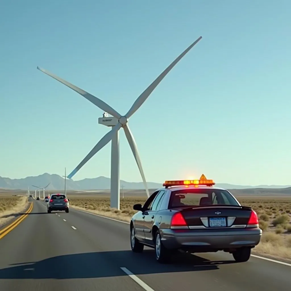 Pilot car escorting oversized load in New Mexico