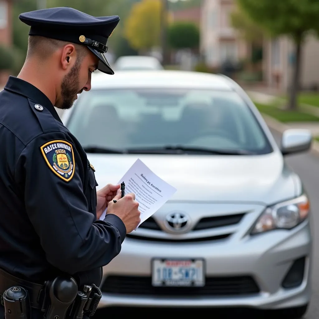 Police officer writing a ticket for a missing front license plate