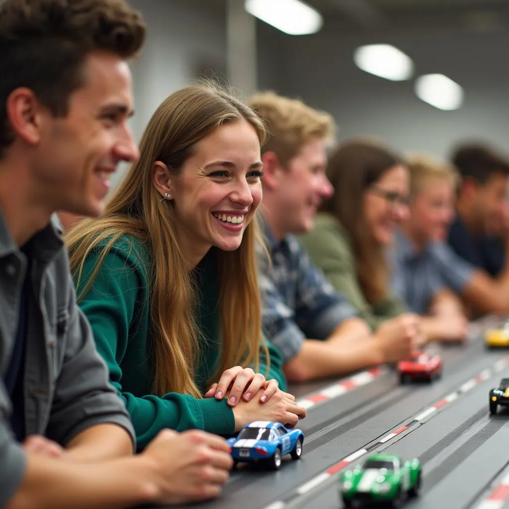 Group of People Enjoying Slot Car Racing