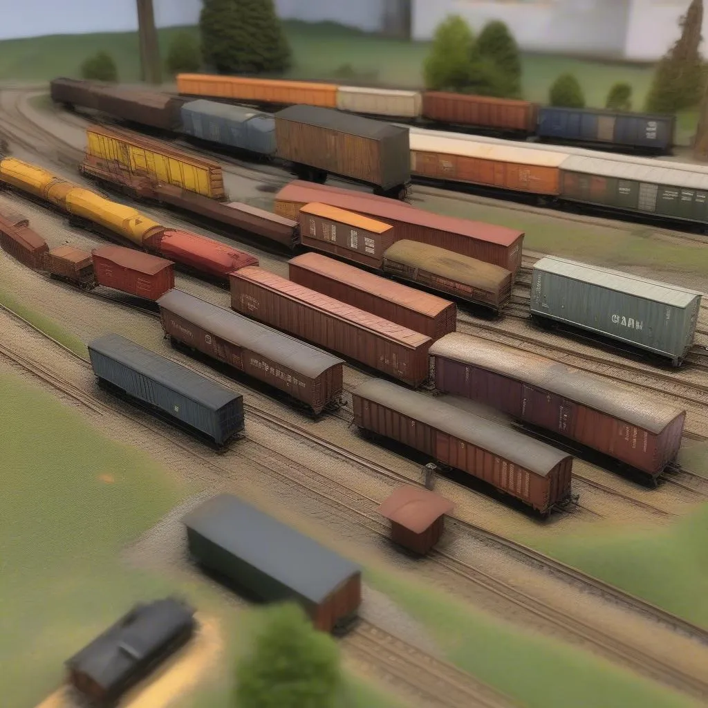 O Scale Boxcars on a Model Railroad Layout