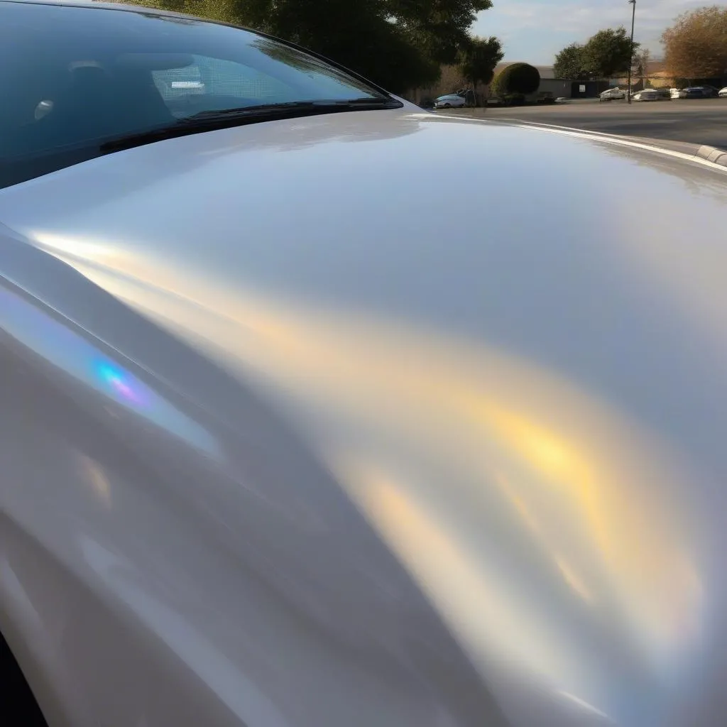 A pearl white car with a shimmering effect in the sunlight